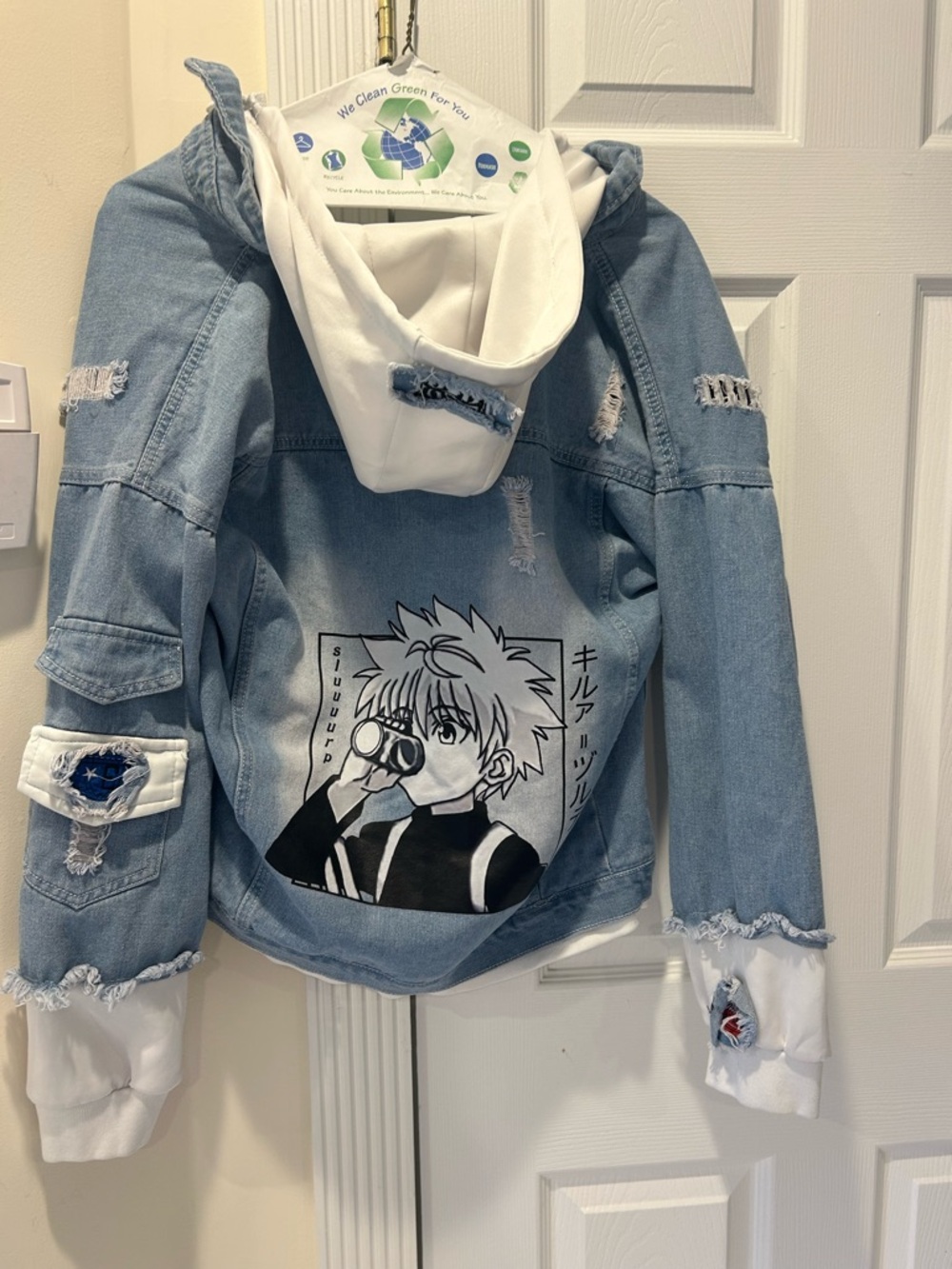 HunterXHunter anime Light Denim Jacket  W/ White Hoodie and Anime Graphic size M